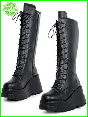 Mid Calf Chunky Heel Lace Up Combat Platform Booties Punk Rave Boots
